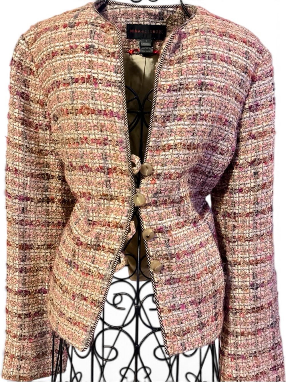 Nina Mclemore Pink Tweed Button-Front Women's Jacket Size 8
